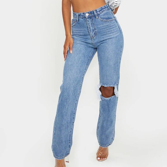PrettyLittleThing Denim - PLT Light Blue Wash Open Knee Long Leg Straight Leg Jeans